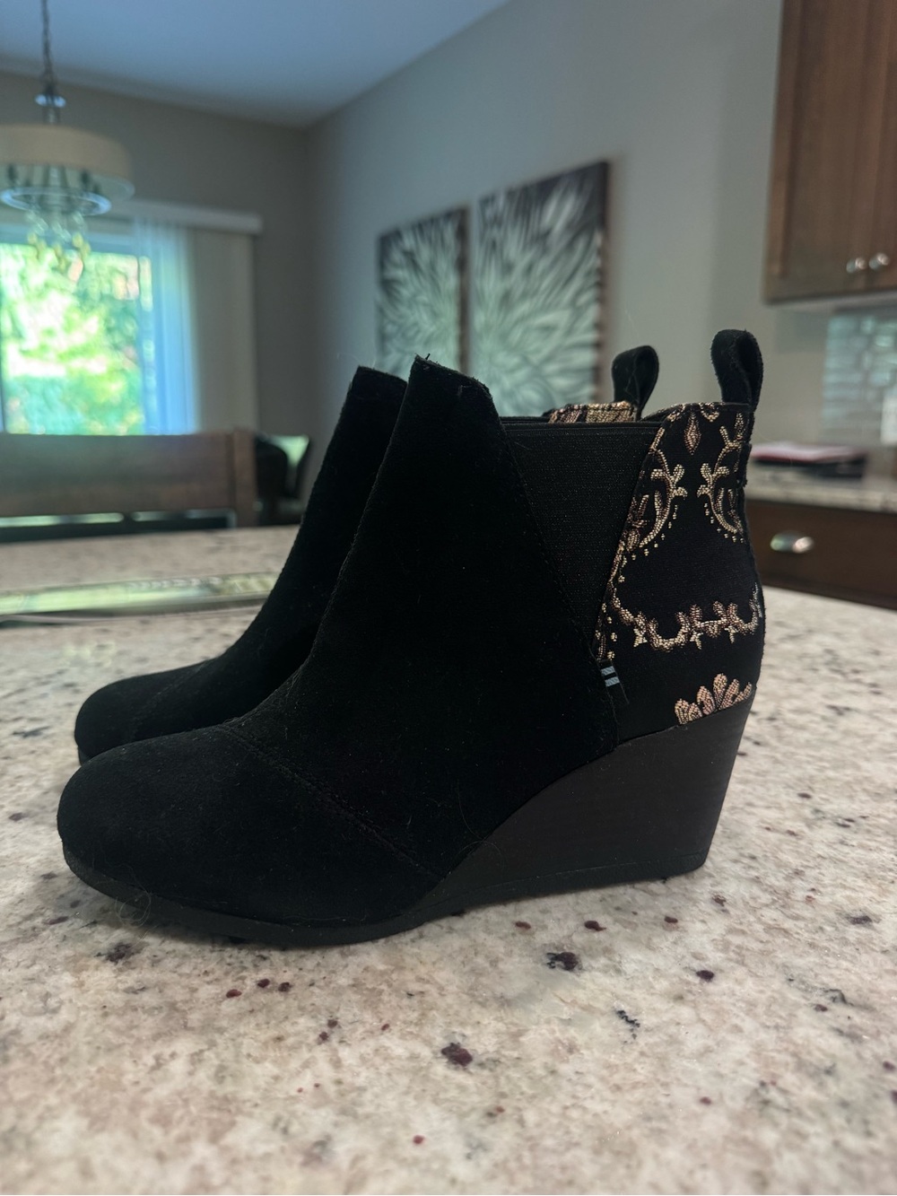 Black Wedge Ankle Boots with Gold Embroidery